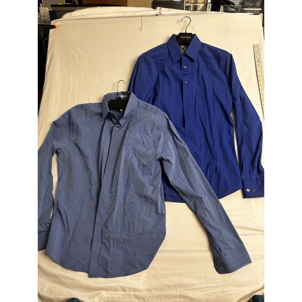 Lot Of 2 Express 1MX Men L 15-15.5 Blue Dress Shirt Long Sleeve Button Front